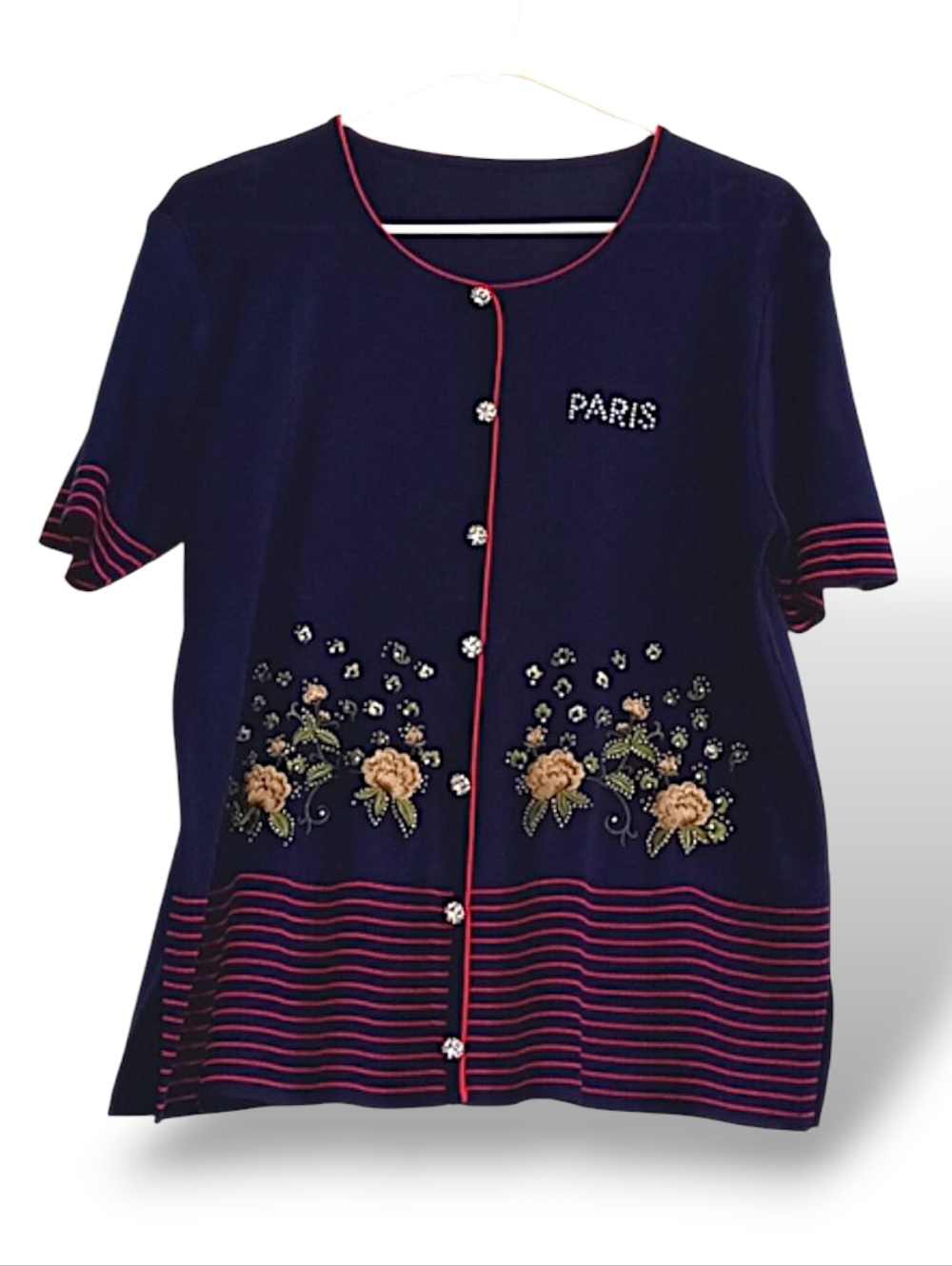 Durim Navy Paris Button Down Knit Blouse Floral Embroidered Preppy Stretch Retro